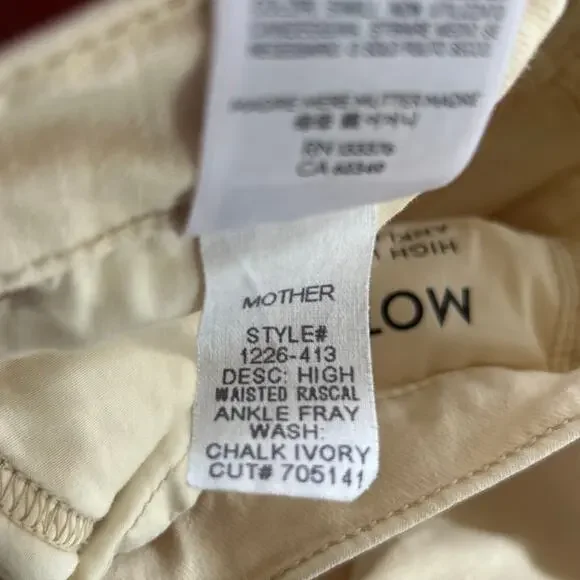 Mother High Waisted Rascal Ankle Fray Chalk Ivory Cream Beige Jeans